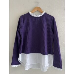 Elle Layered Sweater Top Women Large Purple Ruffle Collar Preppy Academia Blouse
